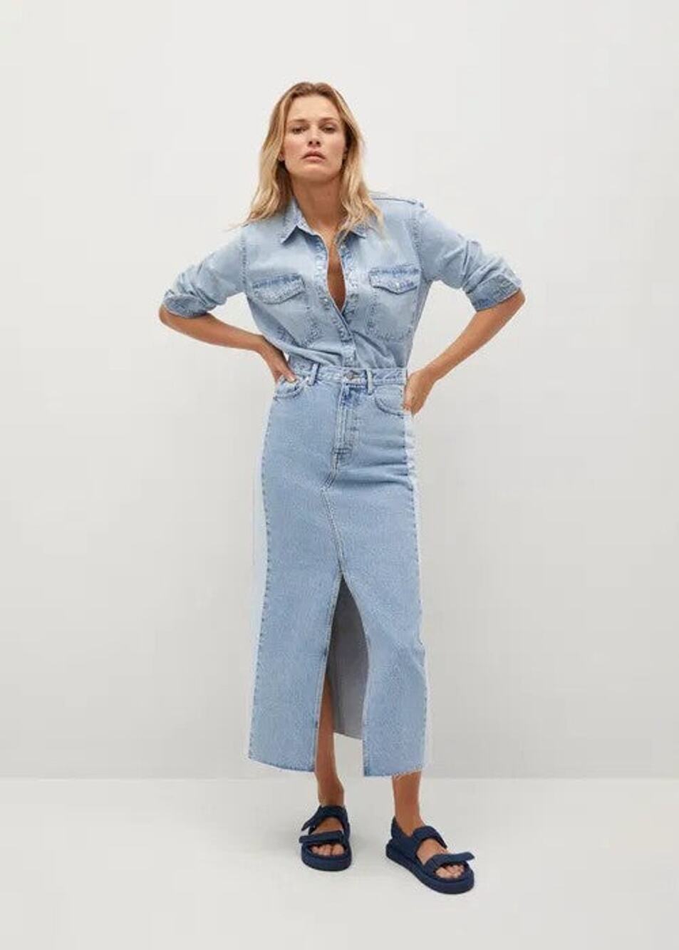 MANGO Contrast Denim Skirt Blue - M